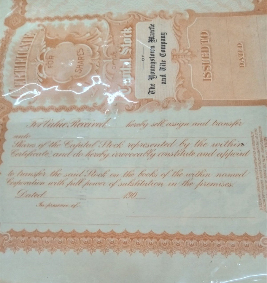 Youngstown Mantle And Tile Company Stock Certificate Vintage Historical