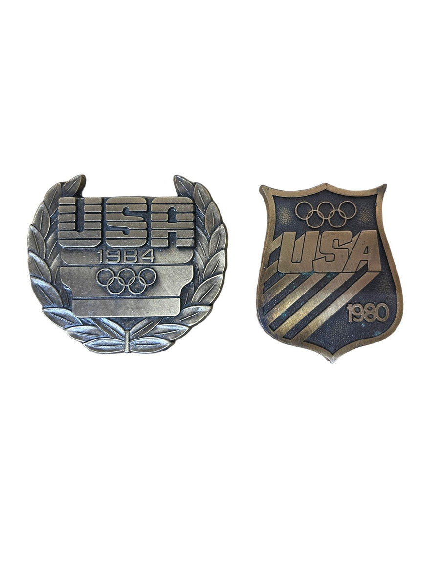 1980 Bergamot Brass Olympic Belt Buckle/'84 Olympic Metal Steel Paperweight Set