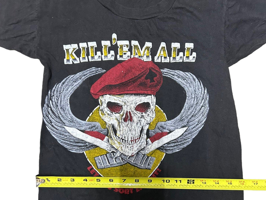 Kill Em All 1980s Vintage Womens Black Alternative Skeleton Knife Graphic Tee
