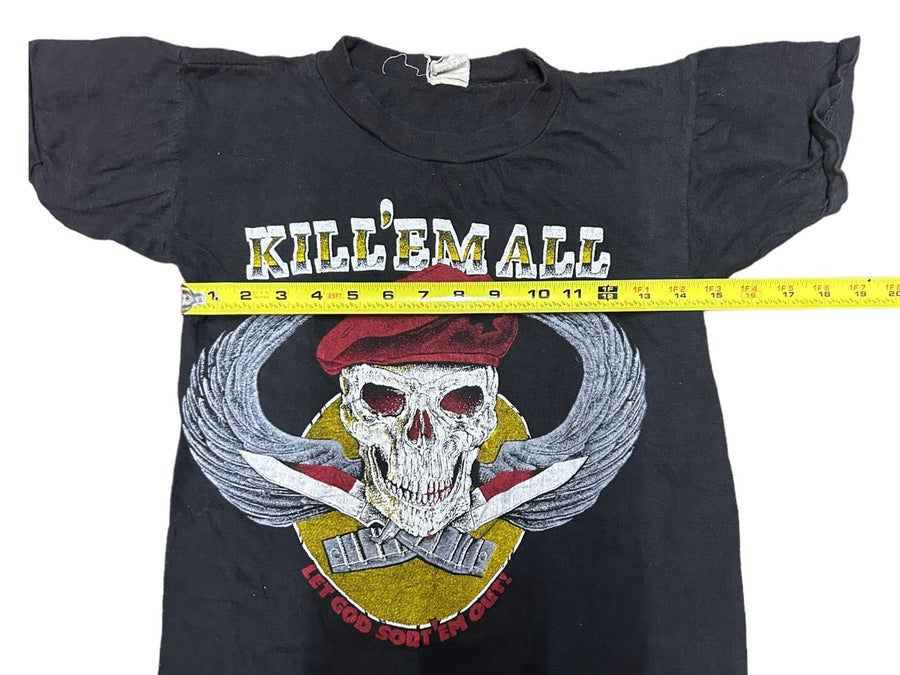 Kill Em All 1980s Vintage Womens Black Alternative Skeleton Knife Graphic Tee