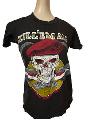 Kill Em All 1980s Vintage Womens Black Alternative Skeleton Knife Graphic Tee