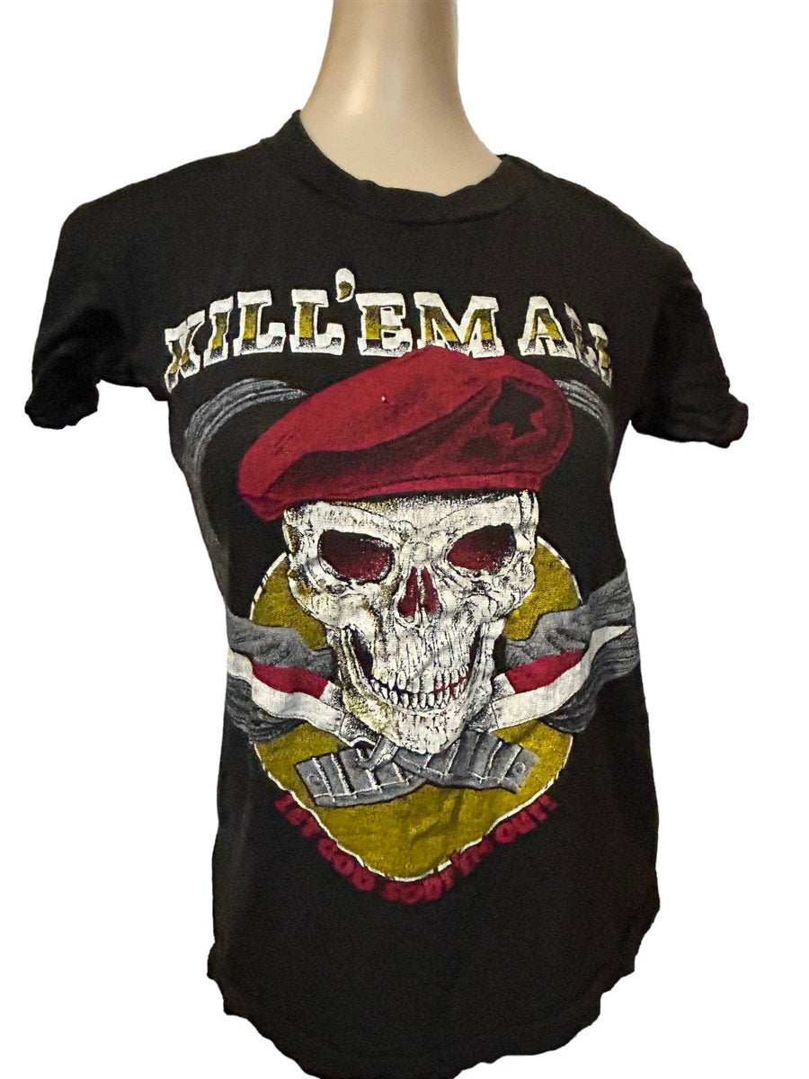 Kill Em All 1980s Vintage Womens Black Alternative Skeleton Knife Graphic Tee