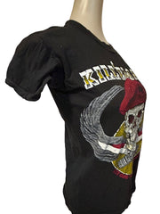 Kill Em All 1980s Vintage Womens Black Alternative Skeleton Knife Graphic Tee