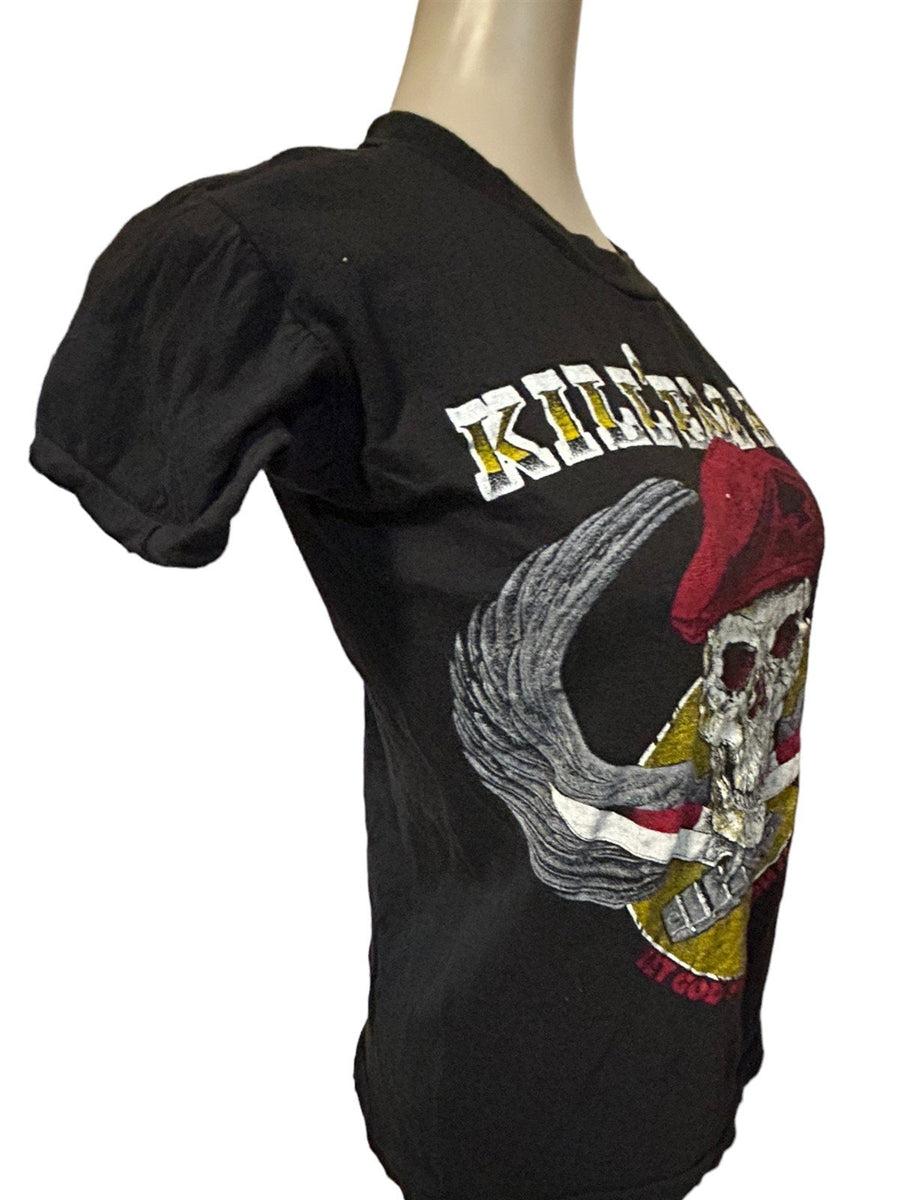 Kill Em All 1980s Vintage Womens Black Alternative Skeleton Knife Graphic Tee