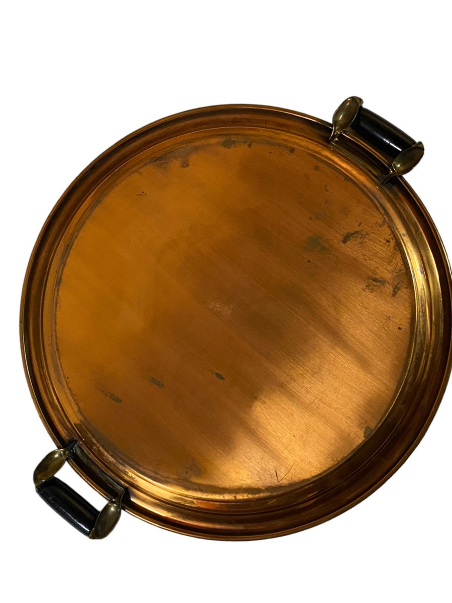 Copper Round Serving Plate w/ Meriden Wood Brass Handles Vintage 12.5" Diameter