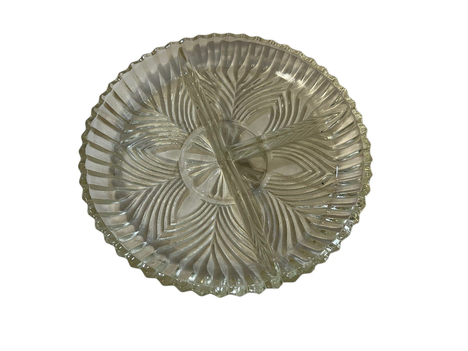 Indiana Glass Vintage 3 Section Divided Ridge Fan Pattern Floral Relish Dish