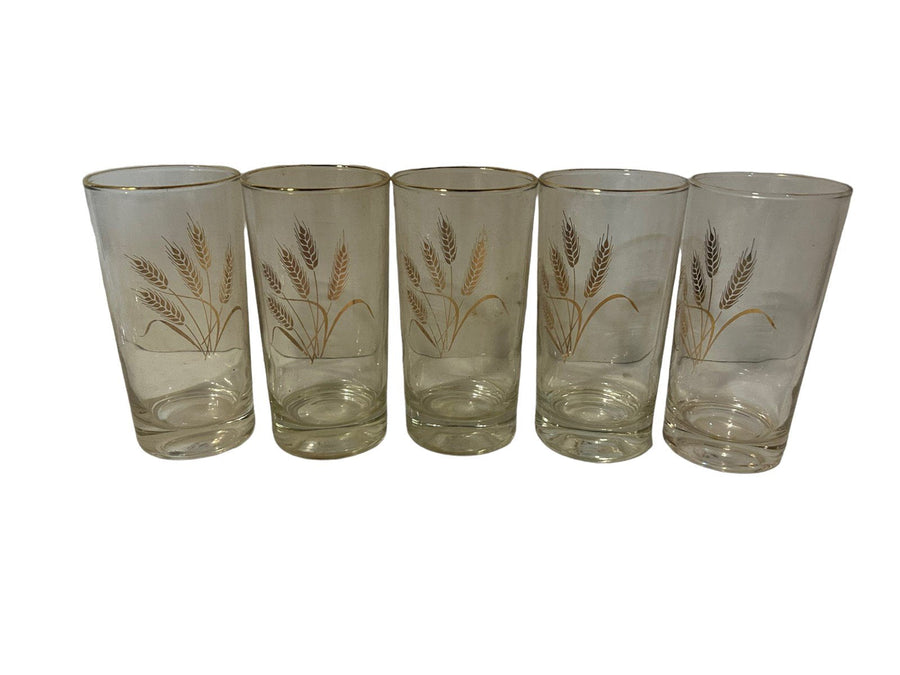 Golden Wheat Homer Glass Laughlin Vintage 1960s 5 Pint Glass and 8 Juice Cup Set