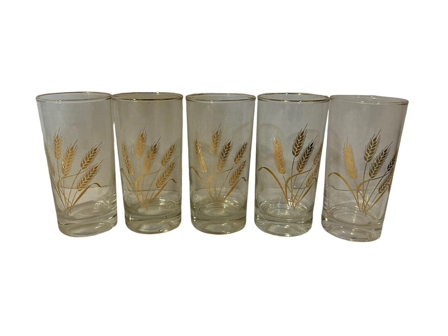 Golden Wheat Homer Glass Laughlin Vintage 1960s 5 Pint Glass and 8 Juice Cup Set