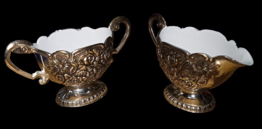 Silverplate Ornate Enamel Creamer, Sugar Bowl & Tray Set Vintage Japanese