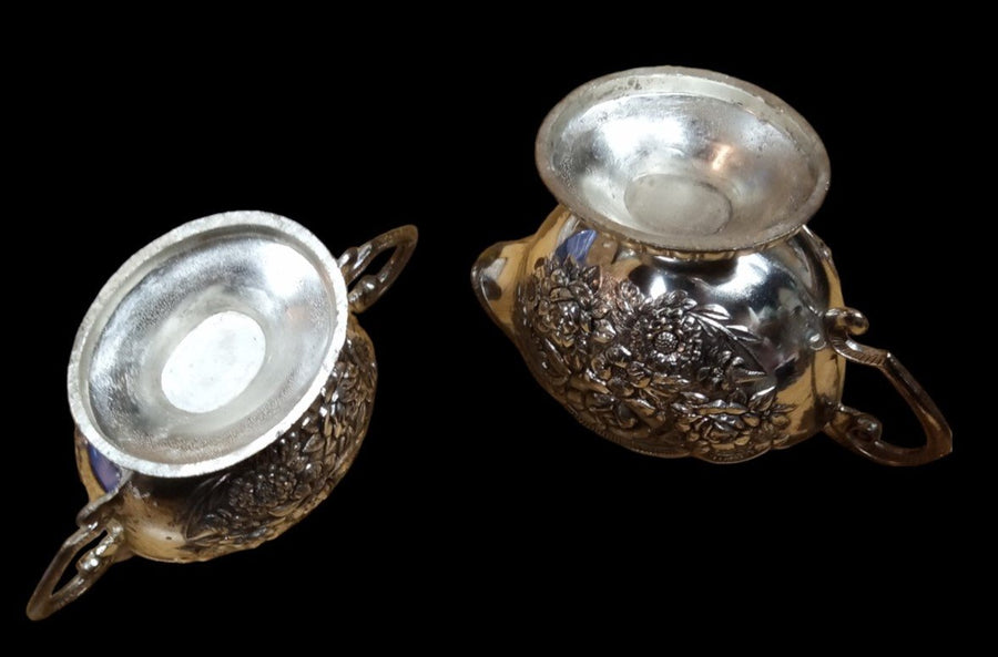 Silverplate Ornate Enamel Creamer, Sugar Bowl & Tray Set Vintage Japanese