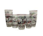 Libbey Old Farm Harvest Currier & Ives Tumblers Set of 8 Red Rimmed Highball