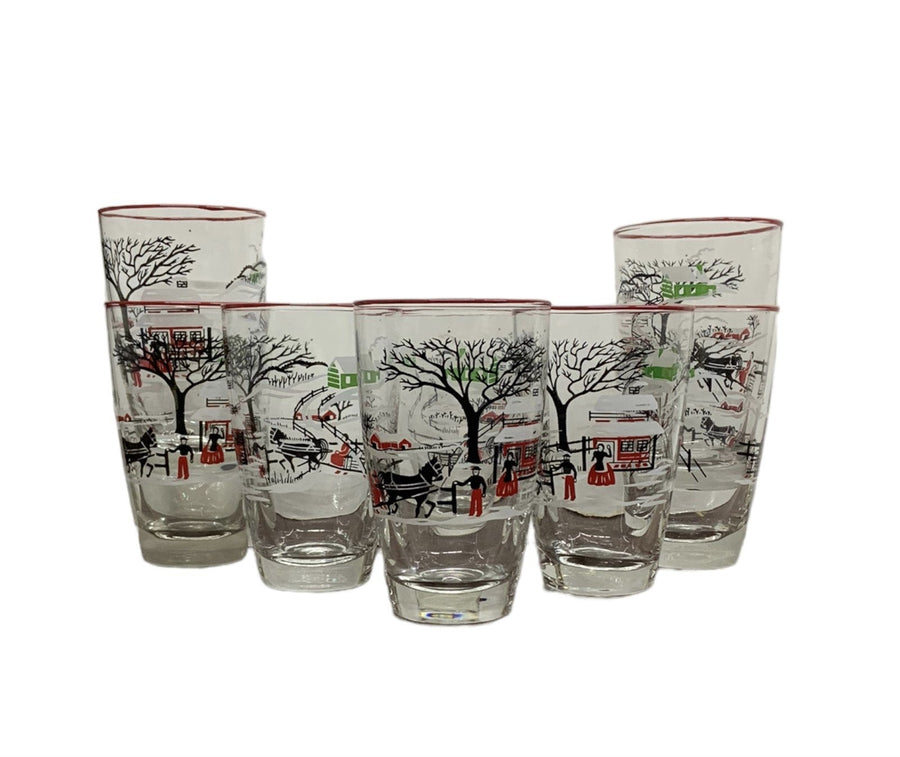 Libbey Old Farm Harvest Currier & Ives Tumblers Set of 8 Red Rimmed Highball