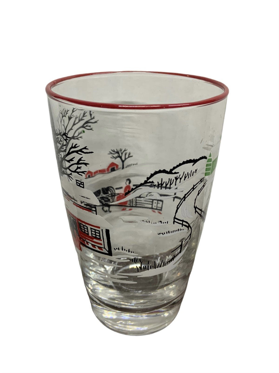 Libbey Old Farm Harvest Currier & Ives Tumblers Set of 8 Red Rimmed Highball