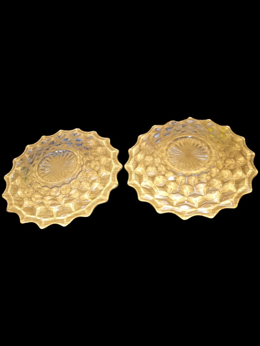 Glass Plate Starburst Center Antique Fostoria Cube Design Vintage Set of 2