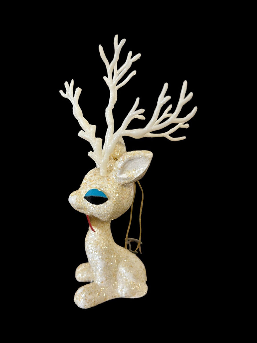 Reindeer Ornament White Sparkling Glitter Vintage Red Bow Blue Eyes Sitting Buck