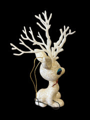 Reindeer Ornament White Sparkling Glitter Vintage Red Bow Blue Eyes Sitting Buck