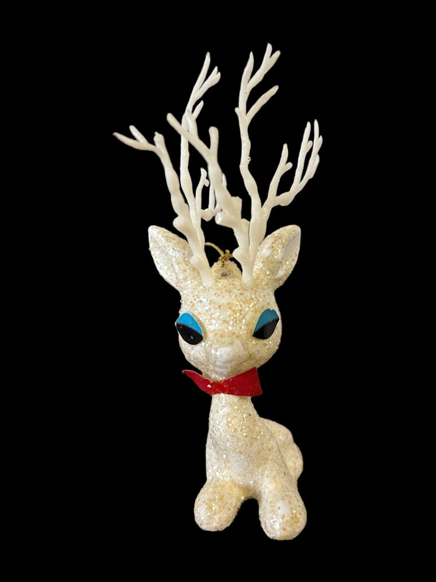 Reindeer Ornament White Sparkling Glitter Vintage Red Bow Blue Eyes Sitting Buck