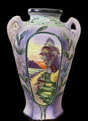 Double Handled Flower Vase Antique Moriage Vintage Japanese Floral Raised Design