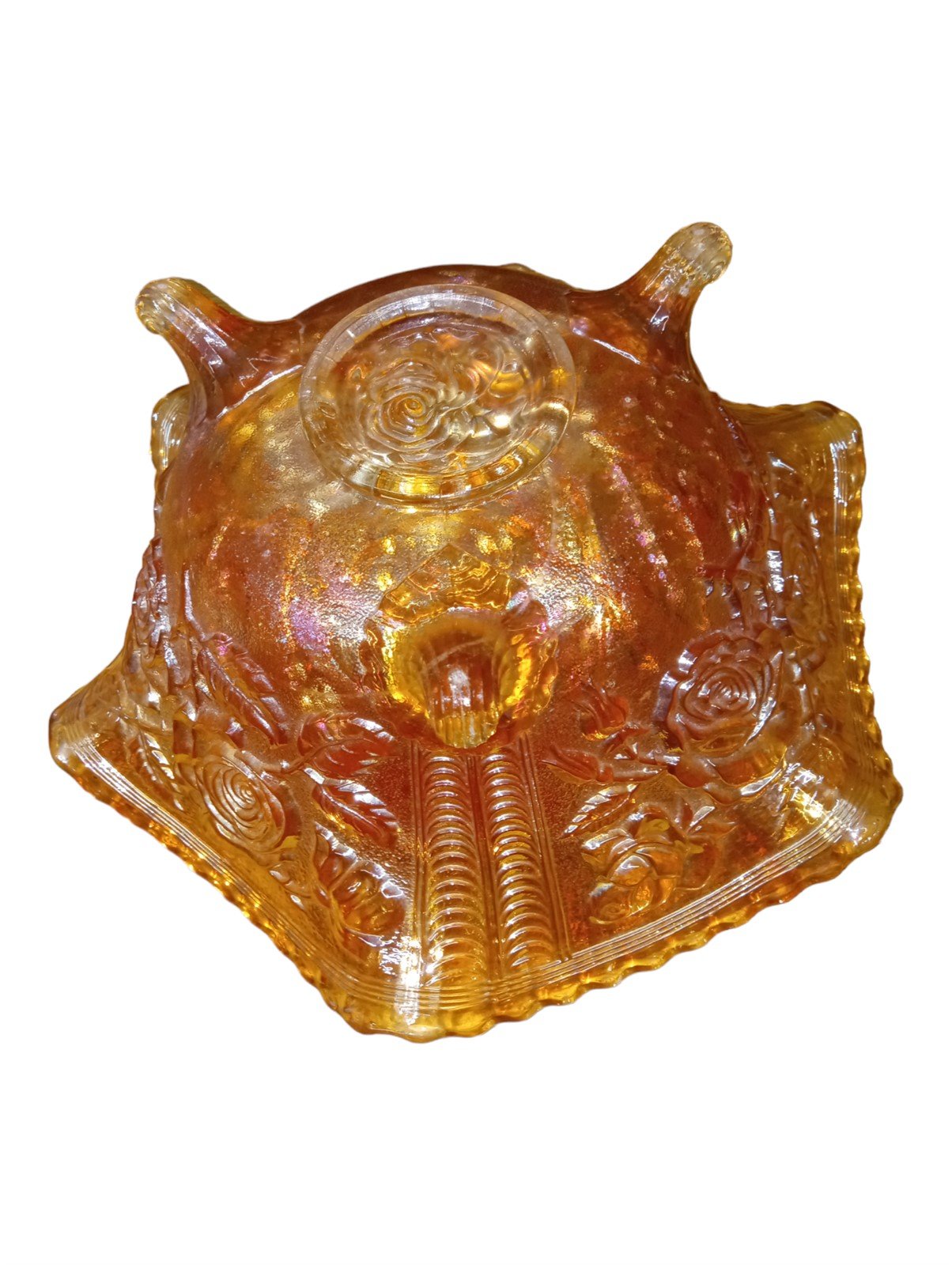 Carnival Glass Fluted Serving Bowl Vintage Fenton 3-Footed Iridescent Marigold