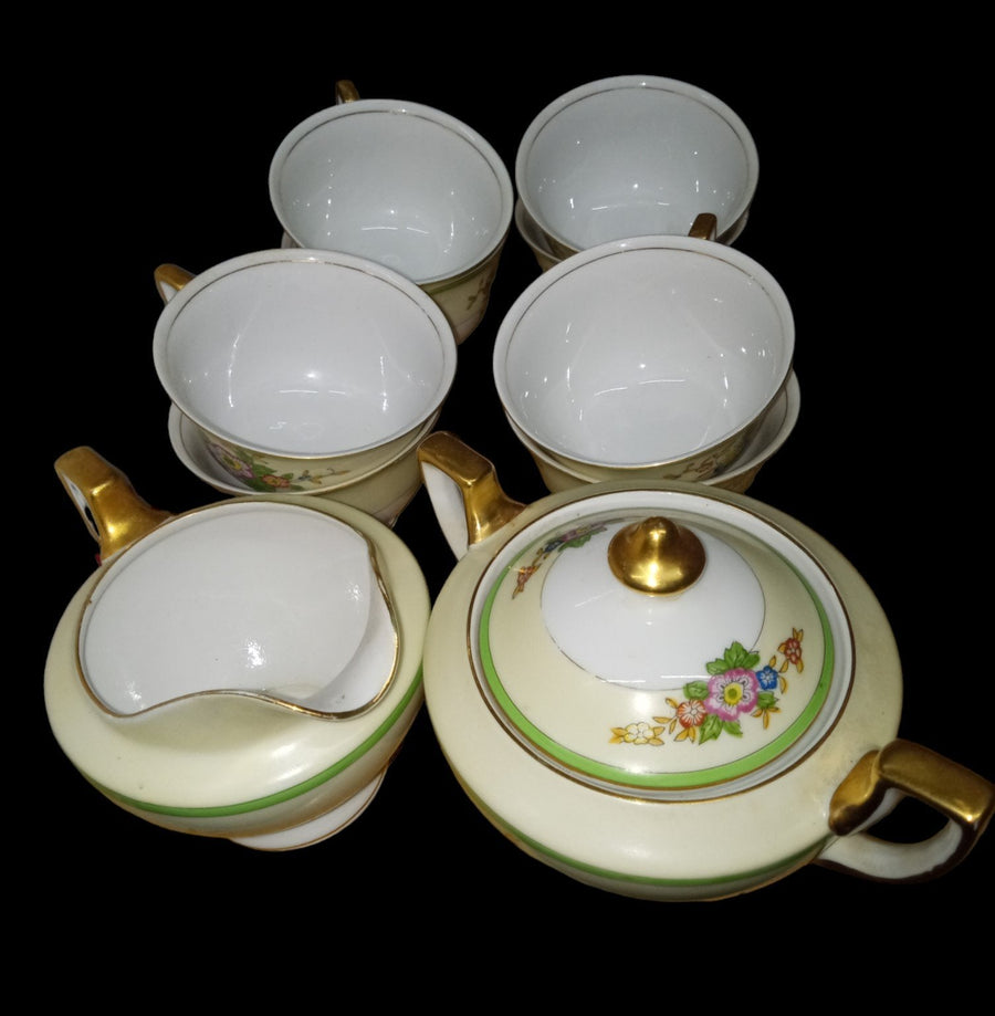 Dinnerware Antique Meito Made in Japan Vintage 44 Pieces Floral Green Rim Design