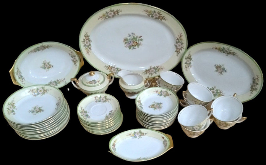 Dinnerware Antique Meito Made in Japan Vintage 44 Pieces Floral Green Rim Design
