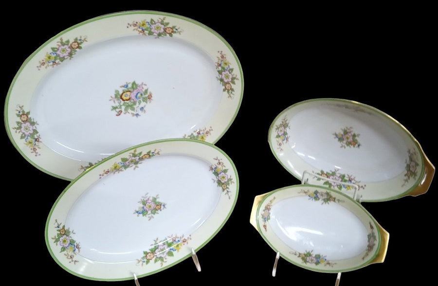 Dinnerware Antique Meito Made in Japan Vintage 44 Pieces Floral Green Rim Design