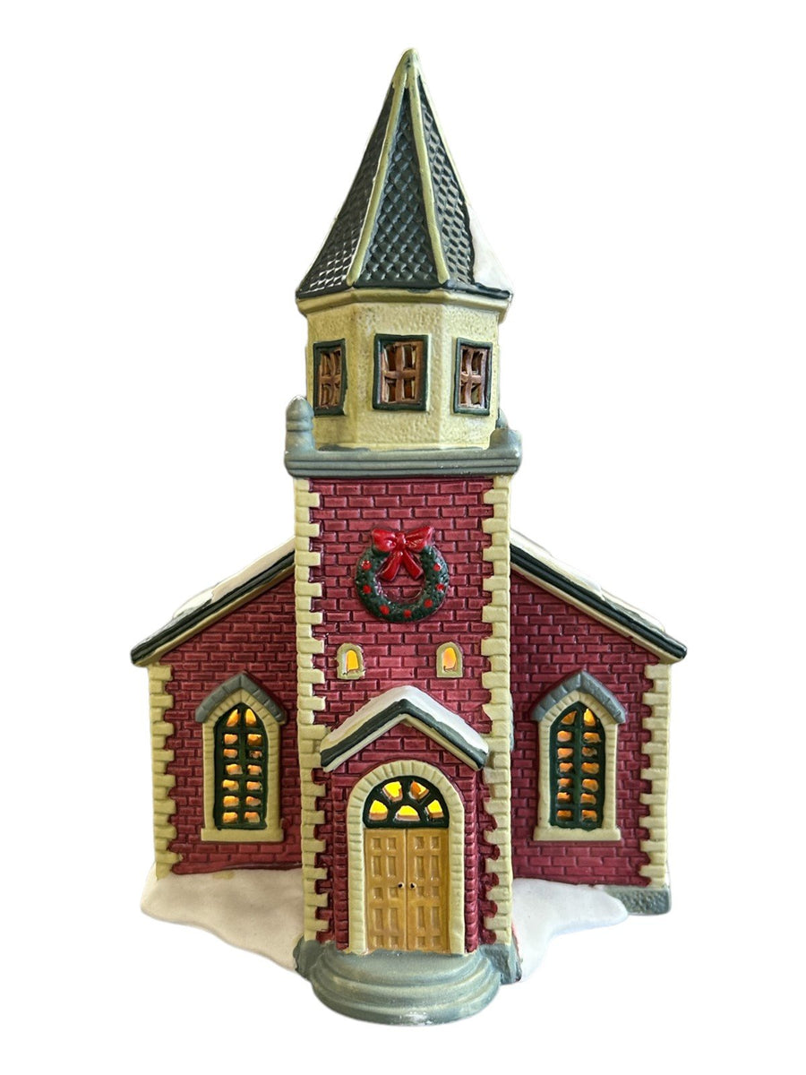 Ceramic Church Christmas Village Lemax 1997 Decor Red Brick Green Roof Wreath