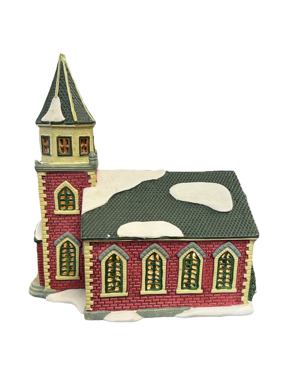 Ceramic Church Christmas Village Lemax 1997 Decor Red Brick Green Roof Wreath