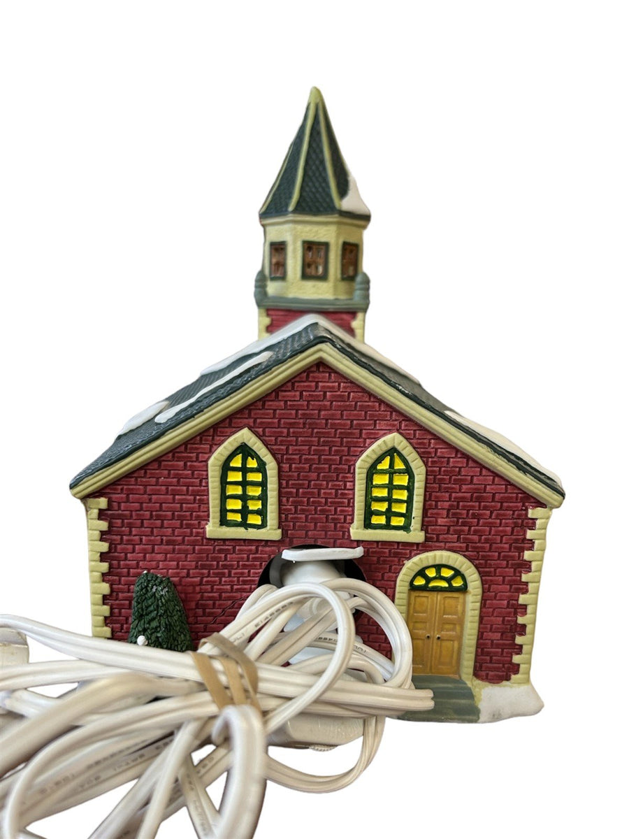 Ceramic Church Christmas Village Lemax 1997 Decor Red Brick Green Roof Wreath