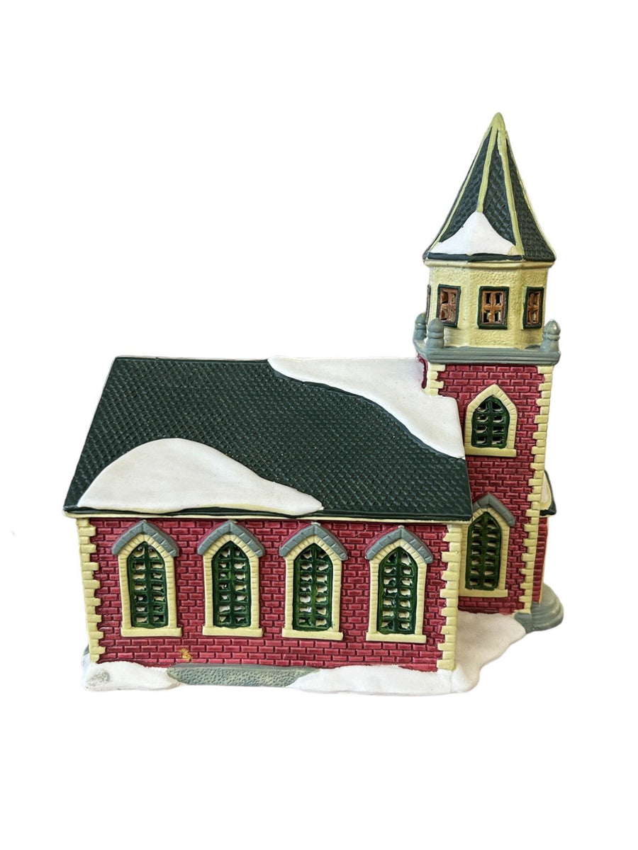 Ceramic Church Christmas Village Lemax 1997 Decor Red Brick Green Roof Wreath