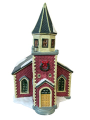 Ceramic Church Christmas Village Lemax 1997 Decor Red Brick Green Roof Wreath