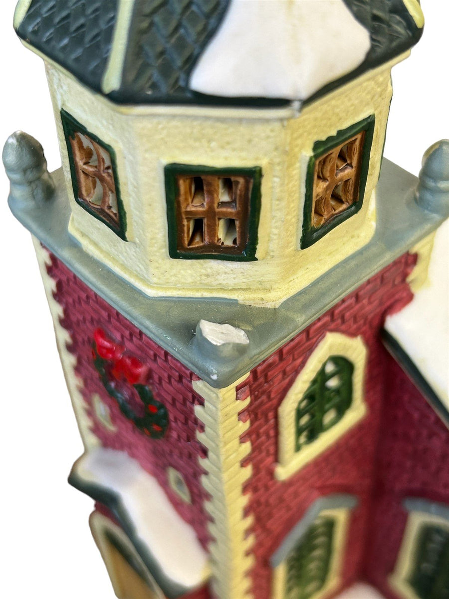 Ceramic Church Christmas Village Lemax 1997 Decor Red Brick Green Roof Wreath