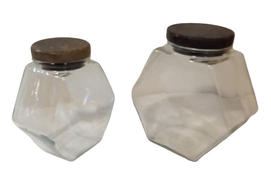 Hex Canisters Pair Of Large And Small Vintage Collectible Decorative Storage