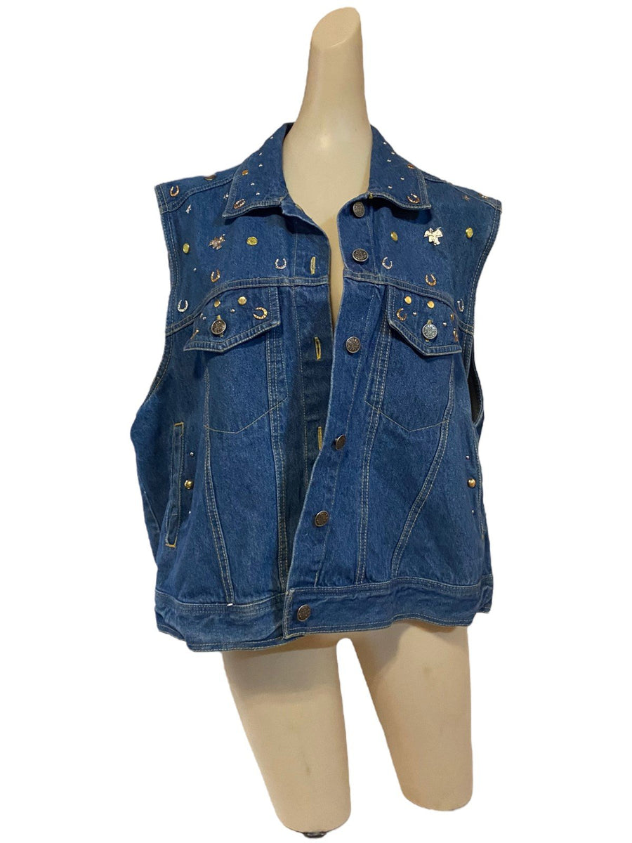 Sudden Impact Bedazzled Jean Vest Horse Theme Gold and Silver Charms 80's