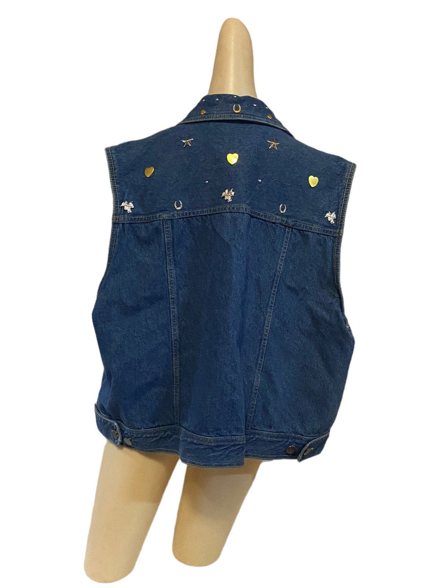 Sudden Impact Bedazzled Jean Vest Horse Theme Gold and Silver Charms 80's