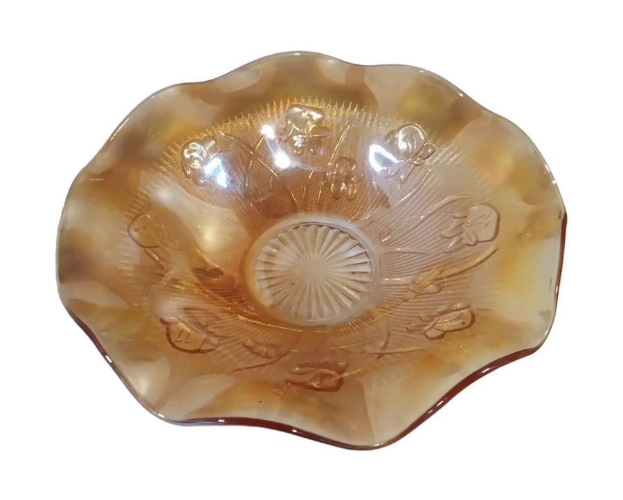 Iris and Herringbone Marigold Bowl Antique Jeannette Glass Co. Vintage Carnival