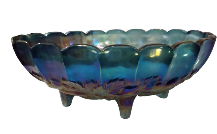 Marigold Blue Carnival Serving Bowl Antique Indiana Glass Vintage Iridescent