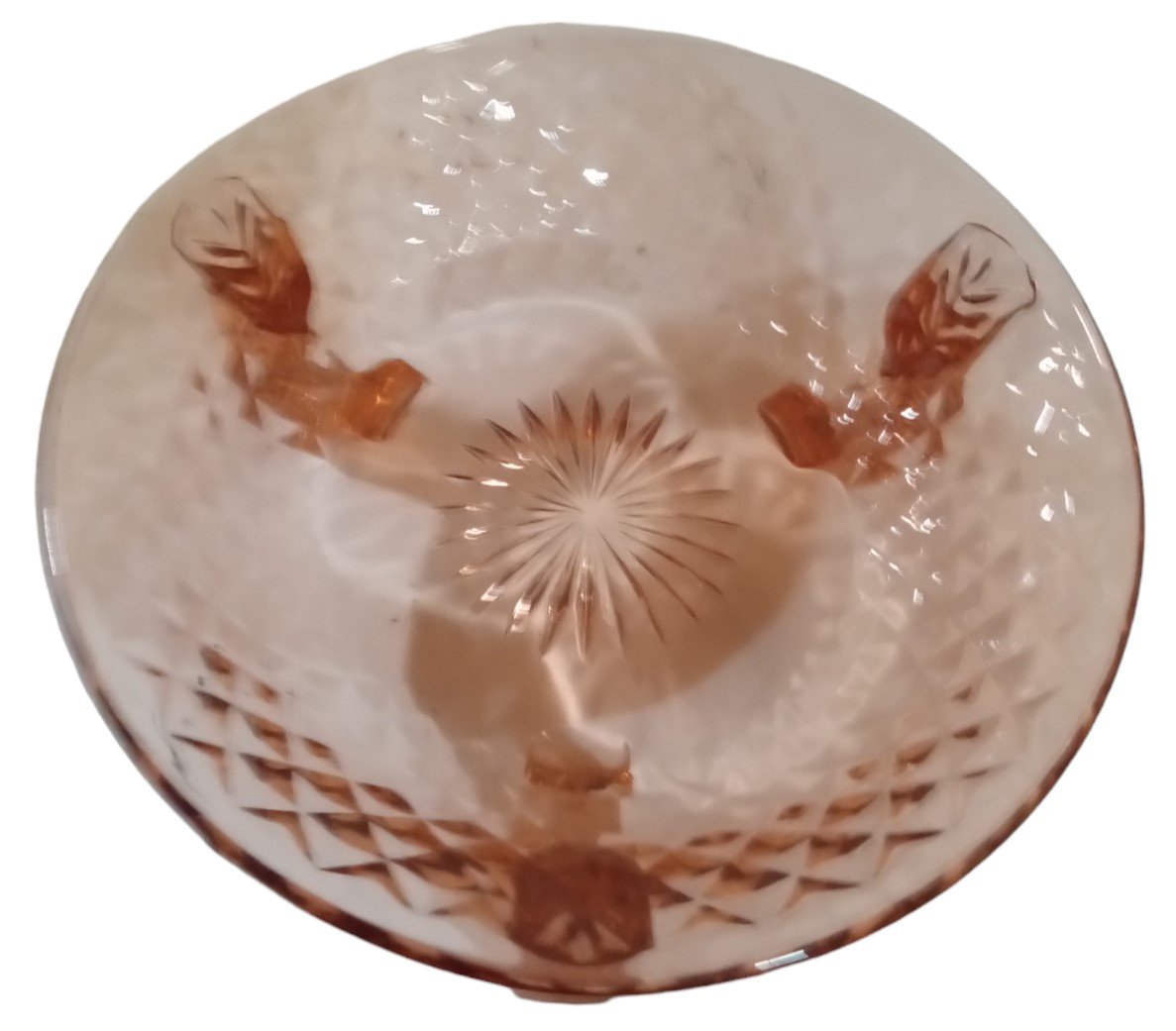 Candy Dish 3-Footed Antique Pink Depression Glass Vintage Diamond Starburst