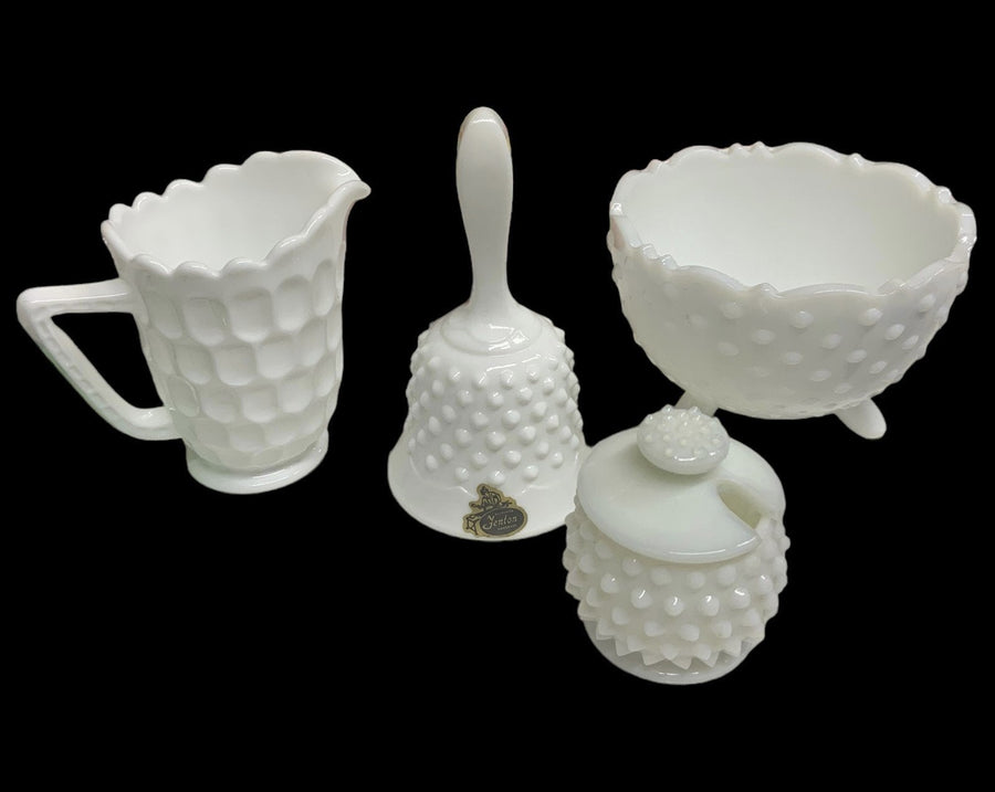 Milk Glass Lot Fenton Hobnail Bell Bowl Pitcher Jam Jar White Dinnerware