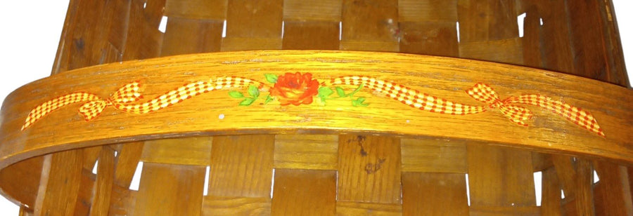 Large Bread Basket with Handle Antique Hand-Painted Rose with Ribbon Vintage