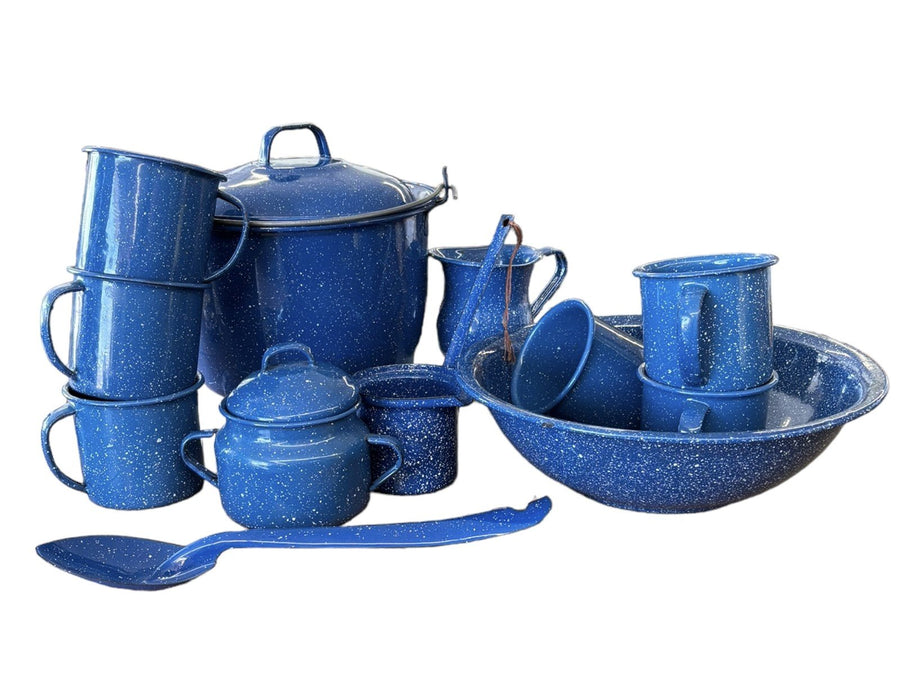 Cinso Baltillo-Mexico Blue with White Speckles Enamel Camping Set Vintage