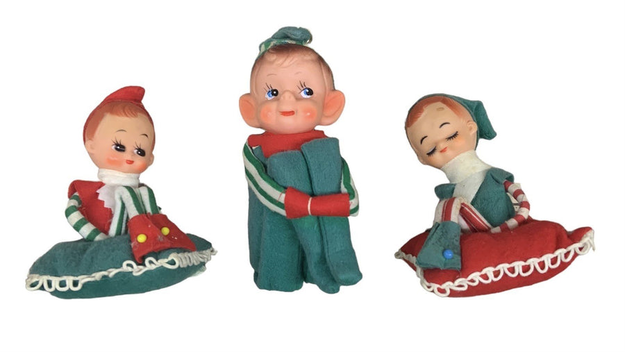 Knee Hugger Elves Christmas Ornament Lot 3 Pixies Tree Decor Vintage Japan