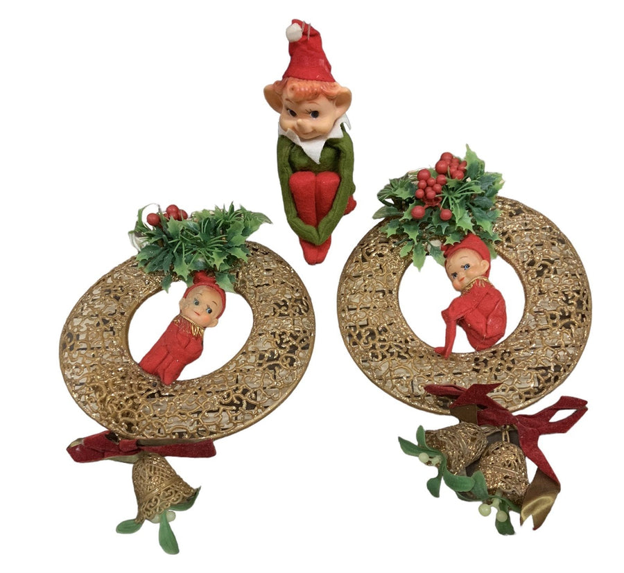 Knee Hugger Elves Christmas Ornament Lot 3 Pixies Wreaths Tree Decor Vtg Japan