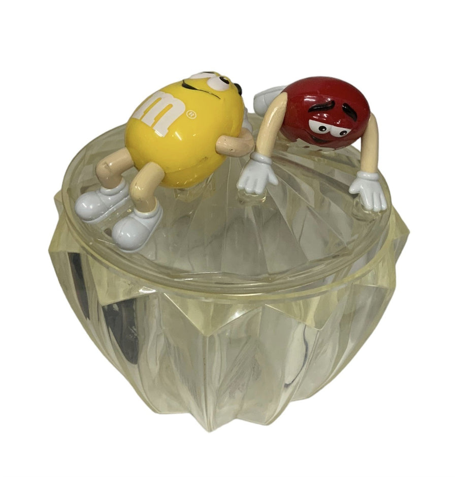 M&M Candy Dish Plastic Lidded Mars Company Clear Bowl Red Yellow Candies