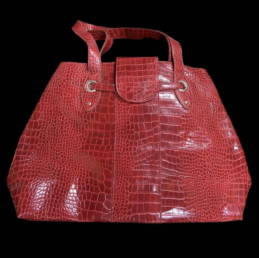 Purse Red Crocodile Pattern Bag Silver Hardware Vintage Tote