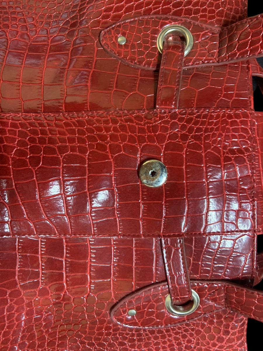 Purse Red Crocodile Pattern Bag Silver Hardware Vintage Tote