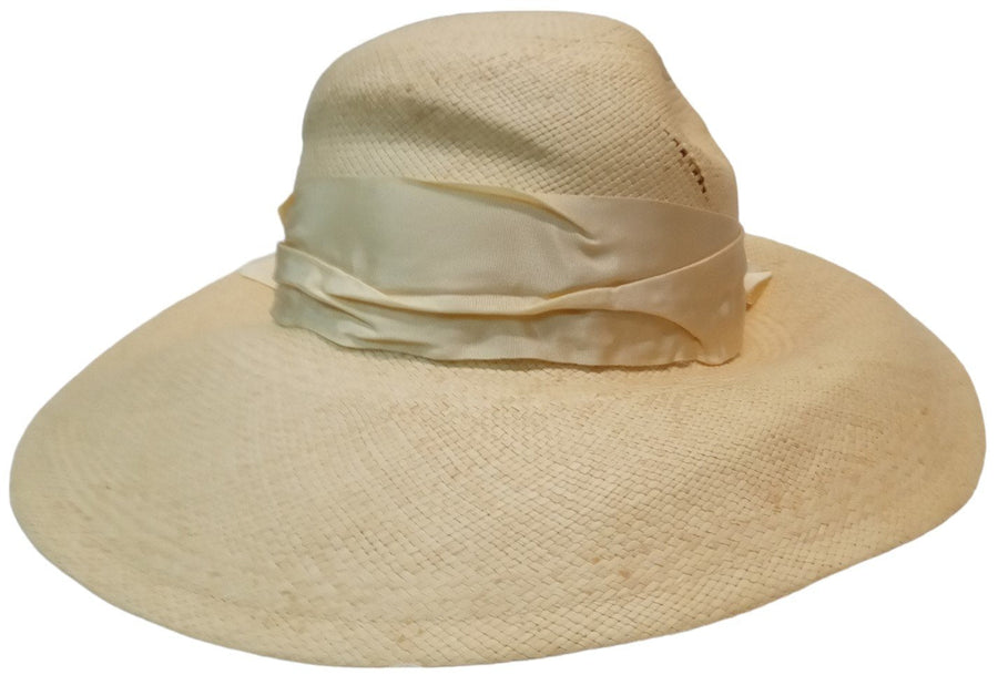Cream Woman's Hat Antique Straw w/ Ribbon Vintage Floppy