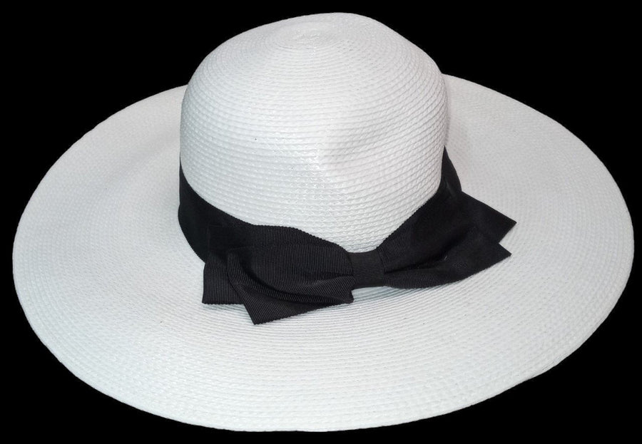 White Woman's Hat Antique Straw w/ Ribbon Vintage Floppy