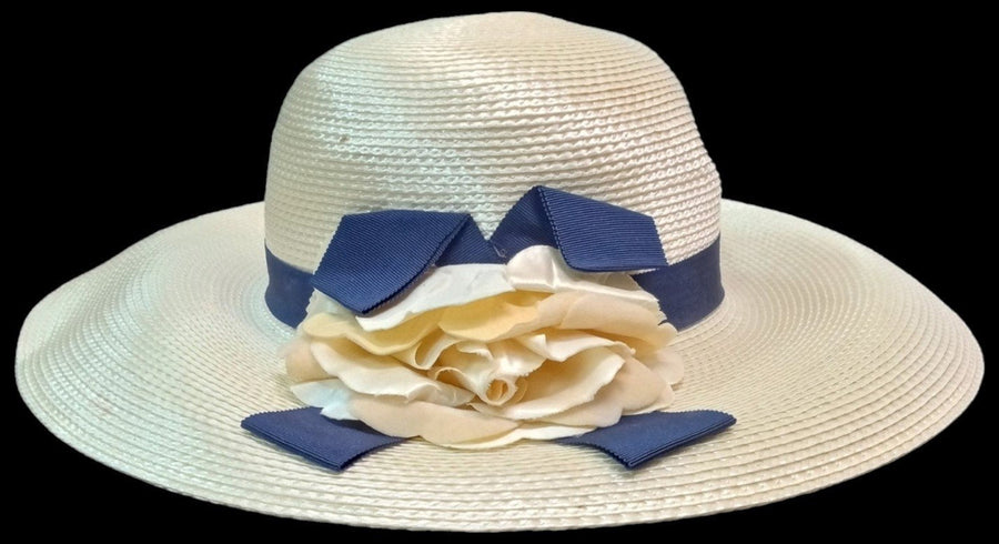 Cream Woman's Hat Antique Straw w/ Ribbon Flower Vintage Floppy