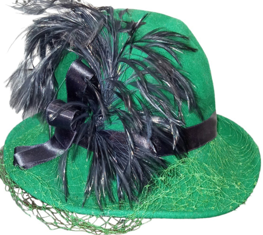 Emerald Green Woman's Hat Antique Ernie Tally-Ho Vintage Wool with Feathers